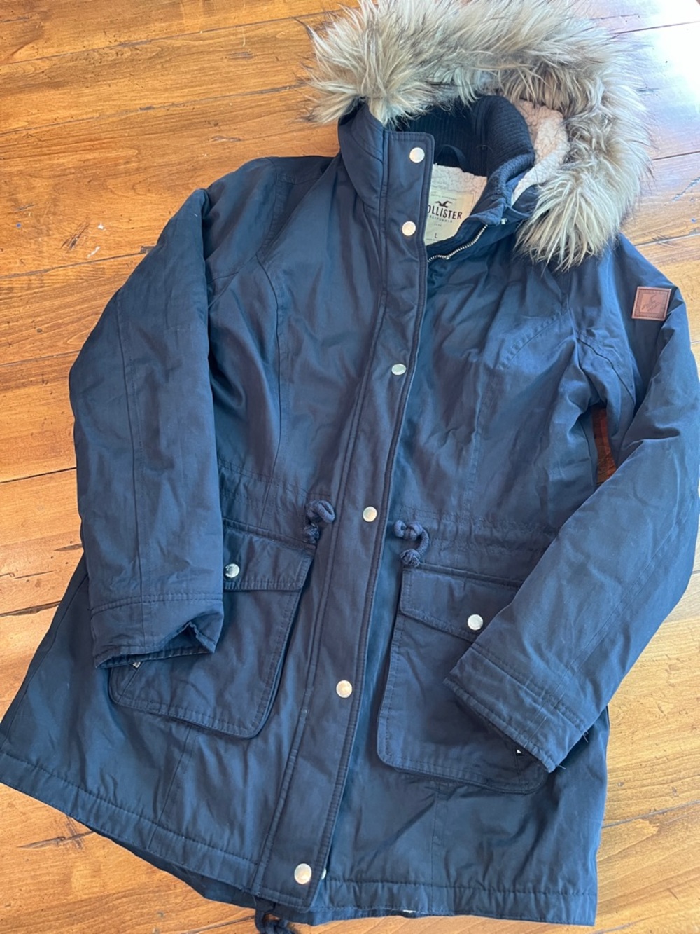 Hollister Dark Blue Parka with Faux Fur Hood Trim